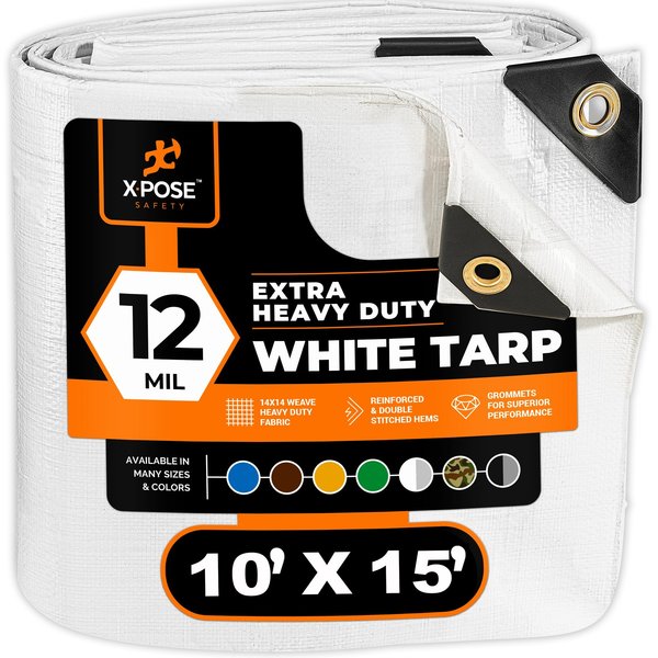 Xpose Safety 10 ft x 15 ft Heavy Duty 12 Mil Tarp, White, Polyethylene WHD-1015-A-X